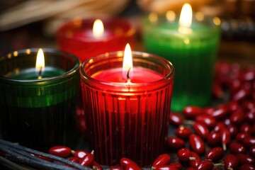 closeup of red, black, and green candles inside a kinara, none lit yet - obrazy, fototapety, plakaty
