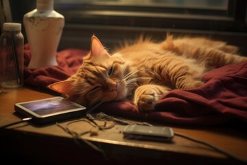 smartphone on a desk with a cat sleeping beside - Powered by Adobe
