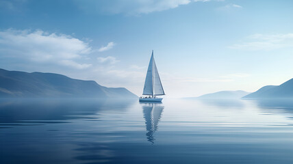 a beautiful boat with a big white sail in the open sea with fog and in the background you can see the land on a beautiful sunny day - obrazy, fototapety, plakaty