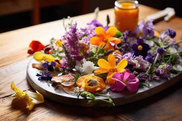 Obraz na płótnie Canvas food platter decorated with edible flowers on wooden table