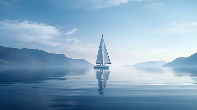 a beautiful boat with a big white sail in the open sea with fog and in the background you can see the land on a beautiful sunny day
