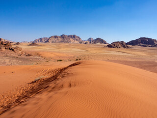 Fototapeta na wymiar Red desert with dunes and stone in Wadi Rum, Jordan