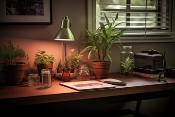 desk with a small plant-infused setup for relaxation