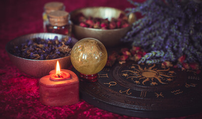 Scene with magical attributes. Witch stuff. Astrology and occultism concept. Halloween decor 