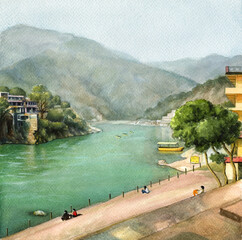 Watercolor mountain landscape with Ganga river in Rishikesh