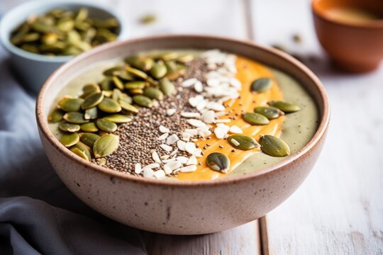 smoothie bowl decorated with sliced banana and pumpkin seeds