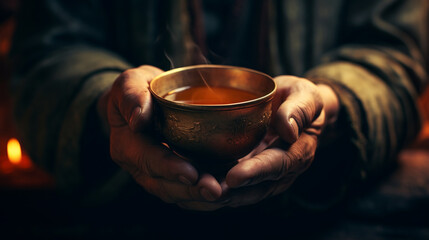 Fototapeta na wymiar the hands of an old monk hold a golden cup of hot tea
