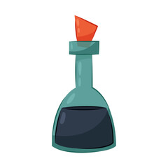 Glass bottle with an unknown substance. Bottle with witch's potion in flat style on a white background.