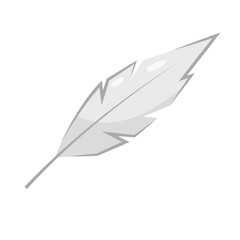 White cartoon bird feather. Vector illustration of a feather on a white background in flat style.