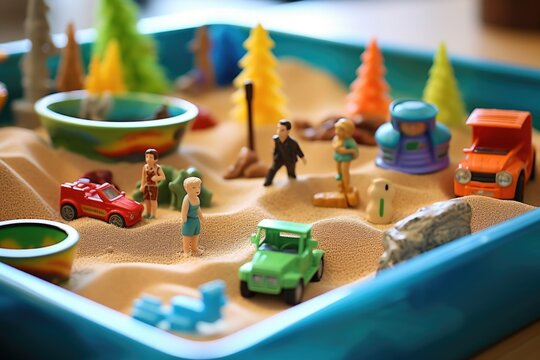 a sand tray with miniatures for sandplay therapy