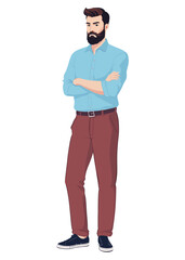 A bearded man in a blue shirt and brown trousers stands with his arms crossed on his chest