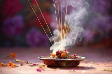 close-up of burning incense stick with smoke trail - obrazy, fototapety, plakaty