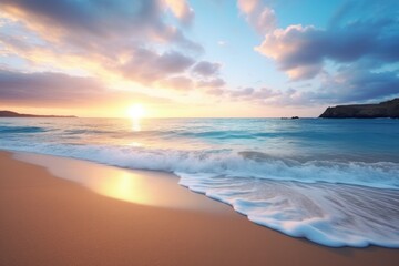 wide shot of tranquil beach at sunrise - obrazy, fototapety, plakaty