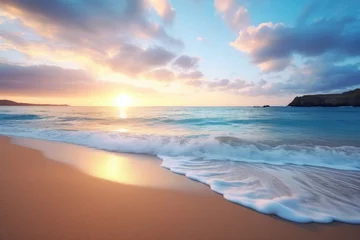 Fotobehang wide shot of tranquil beach at sunrise © Alfazet Chronicles