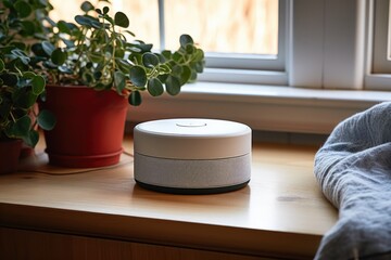 white noise machine on top of a wooden table
