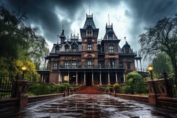 low-angle view of imposing haunted mansion under stormy sky