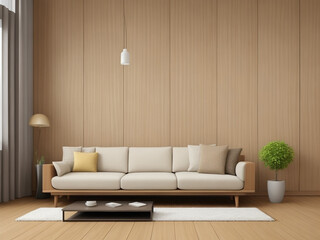 Beige corner sofa against wooden paneling wall, interior design of a modern living room