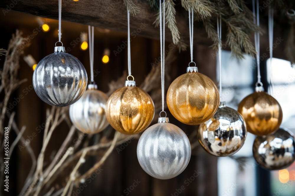 Sticker shiny silver and gold baubles hung on a christmas tree