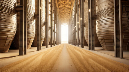 A massive grain silo storage facility, storing and distributing harvested grains