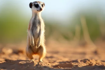 Fotobehang alert meerkat standing upright against sand background © Alfazet Chronicles