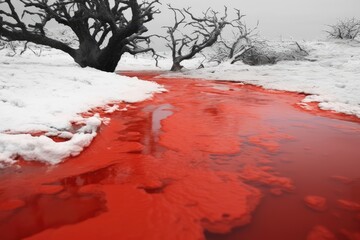 lake of blood, river of blood, blood on the snow. winter vast battlefield landscape. gory frozen planet lake. dry trees. 