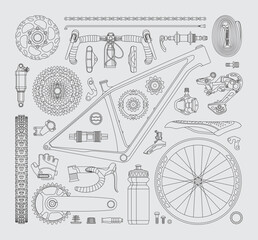 Isolated bicycle's parts. Vector linear elements