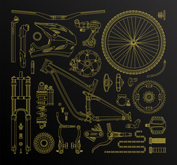 Isolated bicycle's parts. Vector linear elements