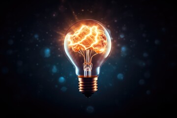 light bulb and bright idea concept. glowing smart brain. Innovation, Invention, Eureka, Ingenious, Intuition, Originality - obrazy, fototapety, plakaty