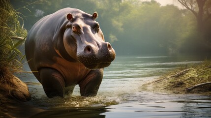 closeup hippo in the water swimming in zoo safari wild animals