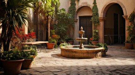 Fototapeta na wymiar A Mediterranean-style courtyard with a fountain, terracotta tiles, and lush greenery