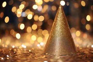 gold party hat surrounded by tiny white lights