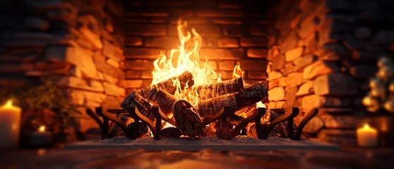 Papier Peint photo autocollant Texture du bois de chauffage Close up of fireplace. Fire, flaming background. Heat concept. Generative ai