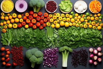 fresh vegetables arranged in a colorful pattern on a table