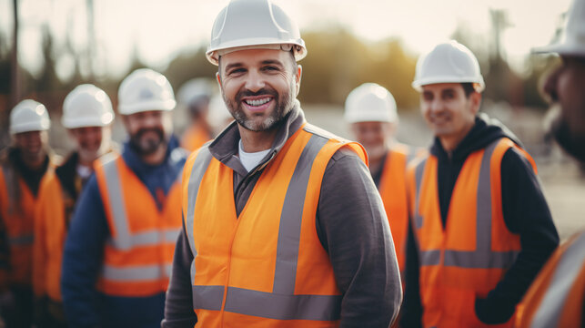 Happy of team construction worker working at construction site. Man smiling with workers in white construction industry.