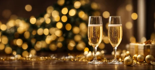 Fotobehang Champagne for festive cheers with gold sparkling bokeh background. Glasses of sparkling wine in front of tender bright gold bokeh. Horizontal background for celebrations. Copy space © Marpa