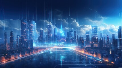 Obraz premium Futuristic Cybernetic Cityscape, Particle Swirls and Glowing Skyscrapers
