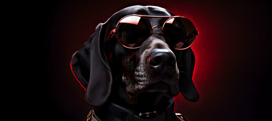 black labrador retriever against black background in red neonn light stykish dog wearing sunglasses...