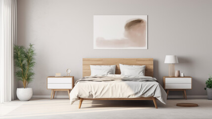 A modern bedroom with a white bed a small side table