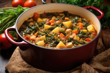healthy kwanzaa vegetable soup in large, rustic pot