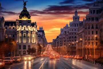 City skyline with a street in Madrid during twilight, Spain. Generative AI - obrazy, fototapety, plakaty