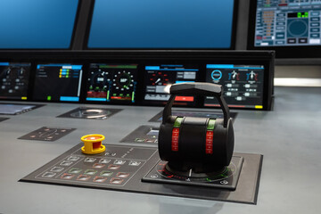 Joystick for controlling marine vessel. Dashboard of electric motor boat. Innovations in...