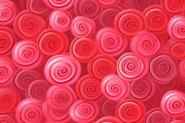 Romantic wallpaper with spiral design and 3D hearts in pink, metallic red, and glass red. Generative AI