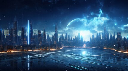 Fototapeta na wymiar Futuristic Cybernetic Cityscape, Particle Swirls and Glowing Skyscrapers