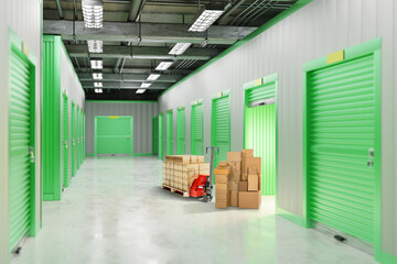 Storage units inside building. Interior of warehouse company. Cardboard boxes near entrance to...