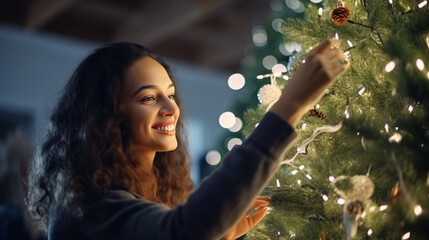 Happy girl decorate the house christmas tree, smiling young girl enjoying festive activities concept - obrazy, fototapety, plakaty