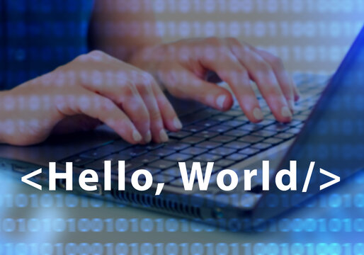 Hello world program. Programmer hands on keyboard. It developer with laptop. Writing computer programs. Website creation. Fingers of programmer typing code. It specialist testing software