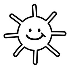 Happy sun outline drawing for kid and adult colouring book, colouring page, picnic element, decoration, icon, logo, social media post, print, ads, banner, sticker, tattoo, cartoon, character, comic