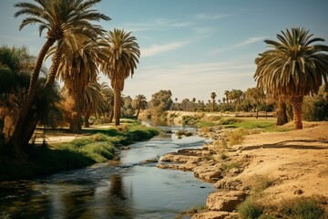 A river flowing beside a field with palm trees in Egypt. Generative AI