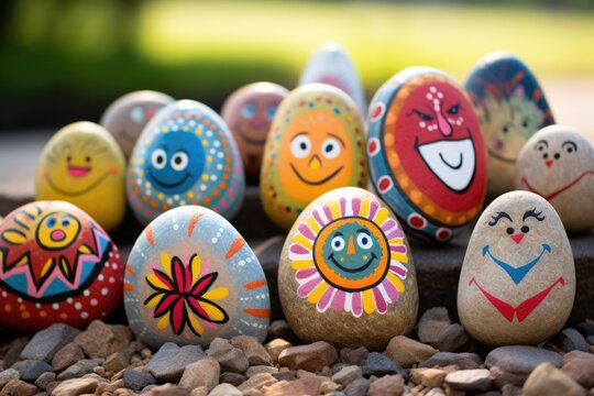 painted rocks with positive affirmations near a family photo