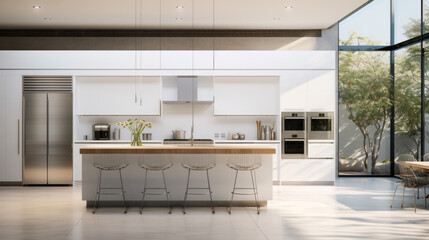 A modern kitchen with glossy white cabinets a large island and stainless steel appliances
